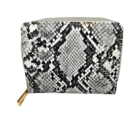 Faux Snake Wallet Black White Gray Python Zip Around Coin Gold Small Compact - Picture 2 of 8